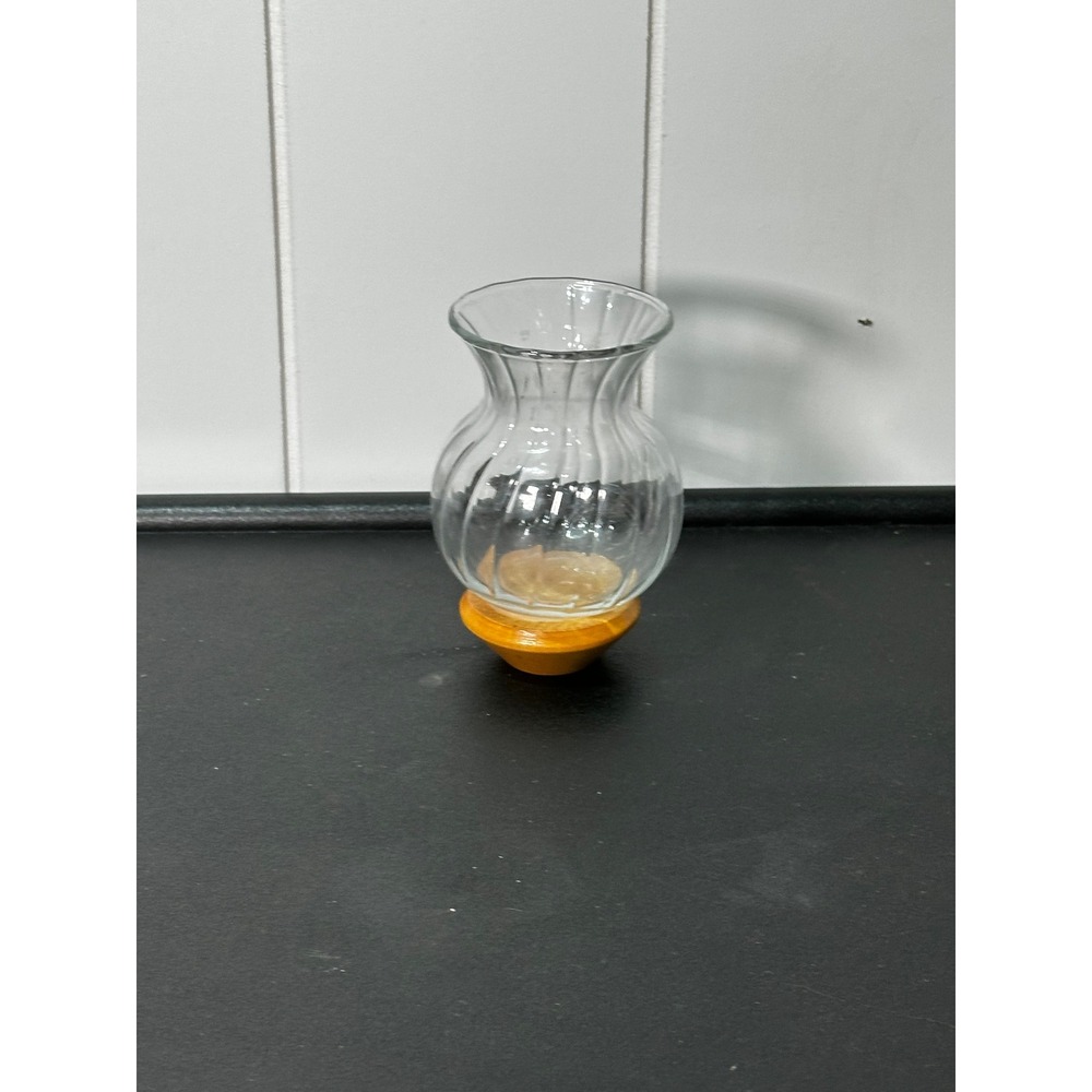 Vintage Clear Optic Ribbed Glass Bud Vase with Wooden Pedestal Base 5 Inch